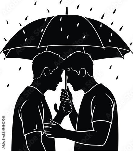 Silhouette Vector of Two Men Standing Together Under an Umbrella in the Rain Representing Friendship Love Protection Support and Romance