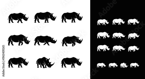 Rhino Silhouette Vector Set in Black and White