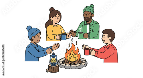 Vector illustration, diverse people gathering, toasting marshmallows, campfire scene, outdoor fun