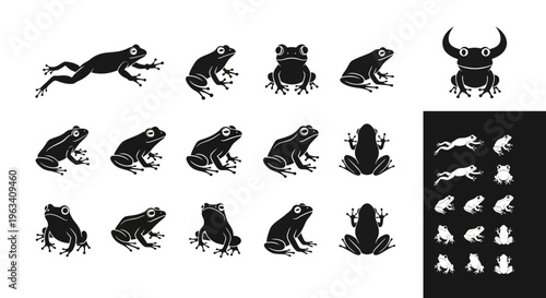 Set of Frog Silhouettes and Icons in Various Poses