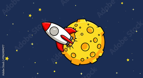 cartoon rocket flying towards a yellow moon in starry outer space symbolizing space exploration and new adventures