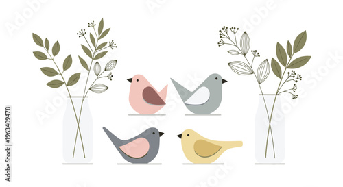 Four stylized pastel birds and two glass vases with green foliage are arranged on a clean white background in a minimalist illustration.