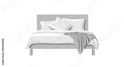 A minimalist illustration features a grey bed with white bedding, two pillows, and a grey throw blanket on a plain white background.