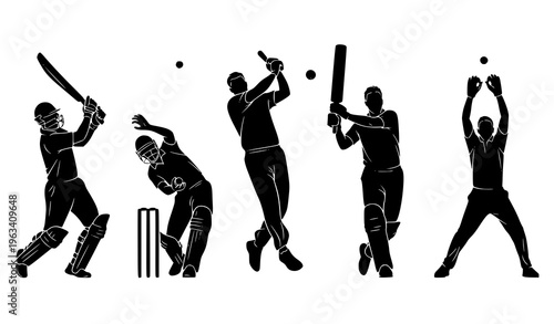 Cricket action silhouettes batsman bowler fielder set vector illustration isolated on white background