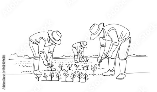One line farmers planting seedlings growth agriculture concept vector illustration isolated on white background