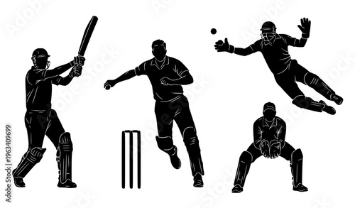 Cricket player silhouettes batsman bowler fielding action vector set isolated on white background