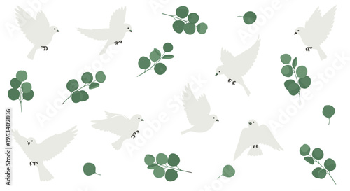 Eight white doves in various flight poses are scattered with green eucalyptus branches and leaves on a clean white background.