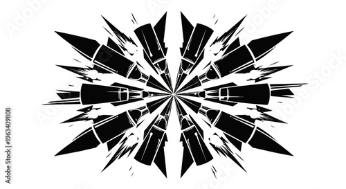 multiple rockets bursting outwards in a dynamic radial explosion graphic conveying powerful military launch speed and impact.