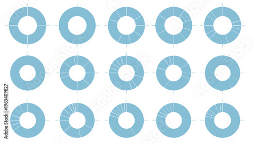 multiple donut charts and pie charts representing data visualization for statistical analysis and business information graphics.
