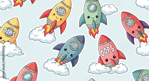 oops rocket seamless pattern with cute cartoon rocket ships flying in a light blue sky background perfect for fun designs.