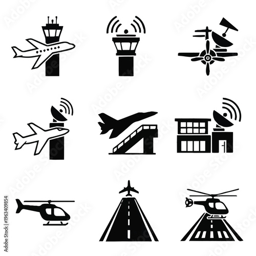 Air travel and transportation icons including planes and helicopters