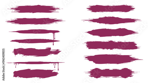 paint brush strokes abstract textures and grunge purple elements with dripping ink on a clean white background for graphic design.