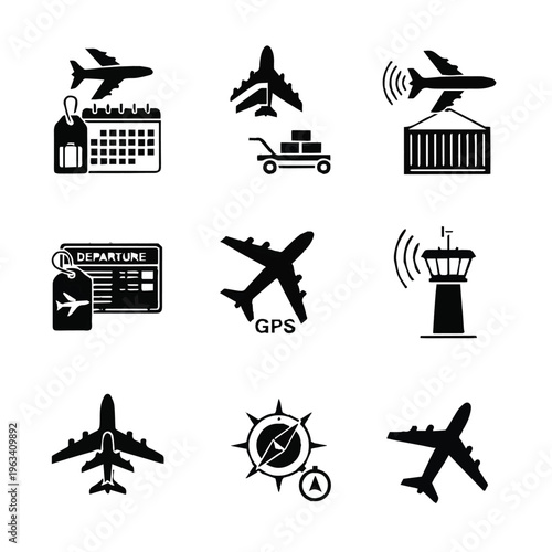 Black and white airport and airplane travel icons set