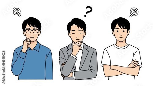three men thinking in confusion and worry showing various expressions of contemplation uncertainty and decision making.