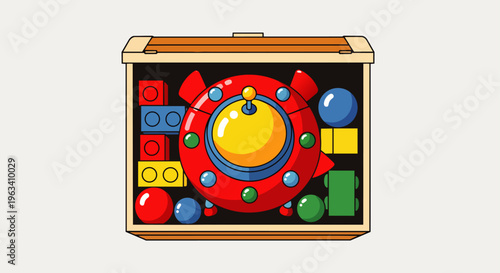 toy box filled with colorful childrens toys featuring a red spaceship toy and building blocks perfect for imaginative playtime.