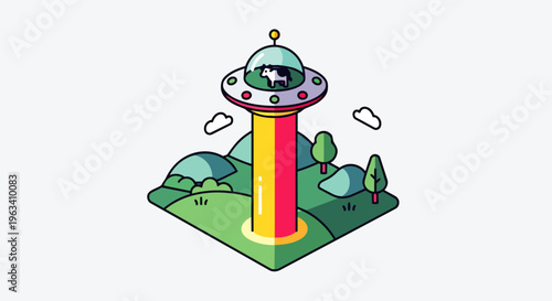 ufo abducting a cow with a colorful beam of light in an isometric rural landscape a playful sci-fi illustration