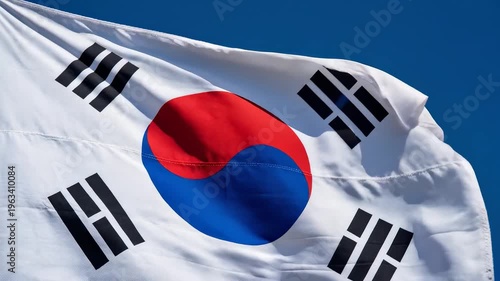 Korean flag waving in the blue sky, close-up shot