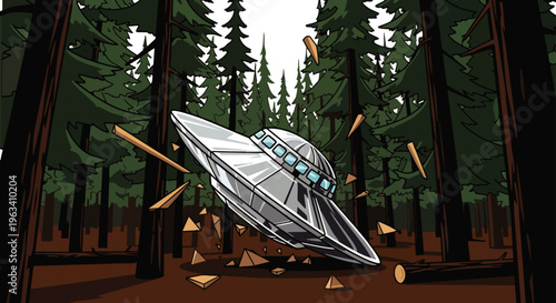 ufo crash and spaceship accident scene with broken trees and debris in a dense forest illustrating an alien encounter concept