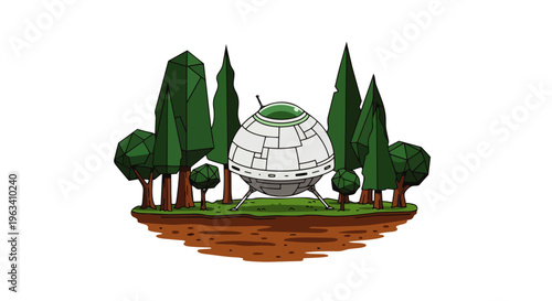 ufo spaceship cartoon forest alien illustration of a flying saucer landed among geometric trees perfect for games or childrens books.