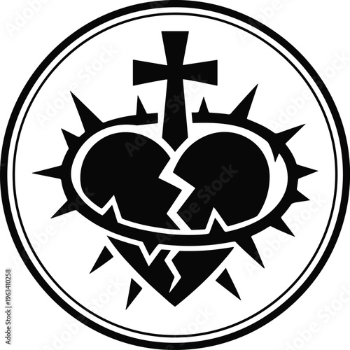Black silhouette vector illustration of a broken sacred heart with crown of thorns and christian cross in circular frame