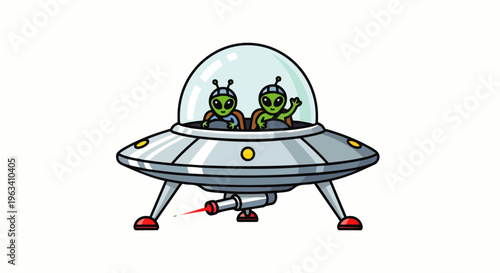 ufo with cute green aliens in a flying saucer one waving and firing a laser beam a fun cartoon illustration.