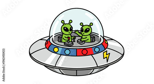 ufo with two cute cartoon aliens piloting a futuristic spaceship perfect for space travel and fantasy themes