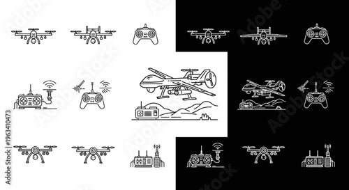Set of Drone and Remote Control Line Icons