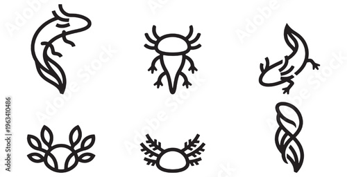 Set of stylized axolotl icons and abstract natural elements in a minimalist outline style.