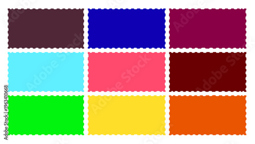 vibrant grid of nine blank solid color perforated stamp shapes on a white background ideal for graphic design elements or color swatches.