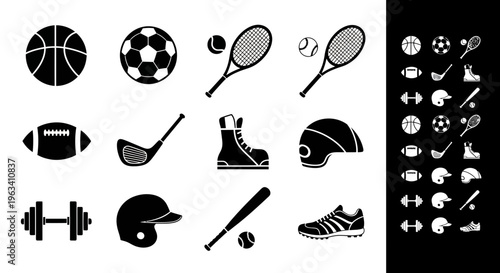Set of Sports Equipment Icons in Black and White