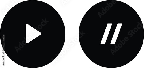 Black and white play and pause button icons set, media player controls vector illustration isolated on white background for design.