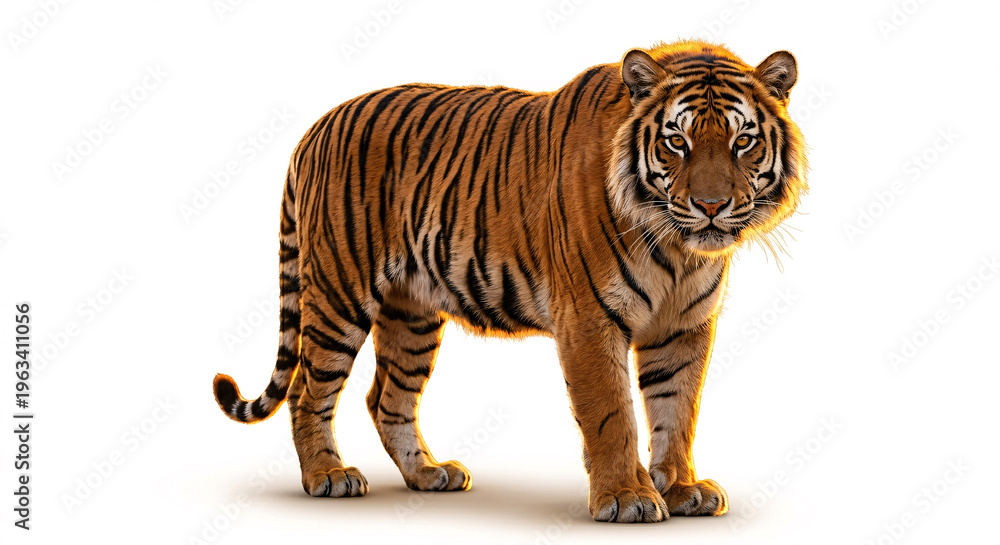 Obraz premium Stunning full-body portrait of a majestic wild tiger with vibrant stripes on a clean white background