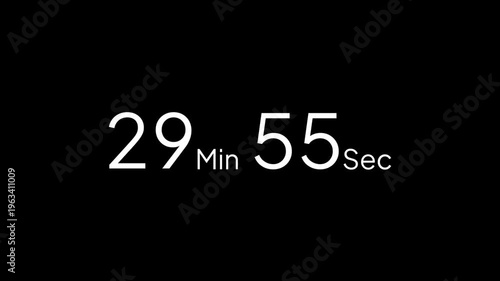 30 minute countdown timer animation from 30 to 29 minute, digital countdown timer transparent background. 30 minute countdown timer animation