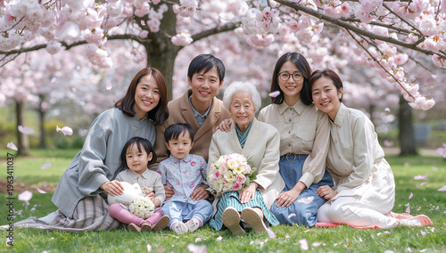 満開の桜の下で百歳を祝う三世代の家族が集まって記念写真を撮る春の風景