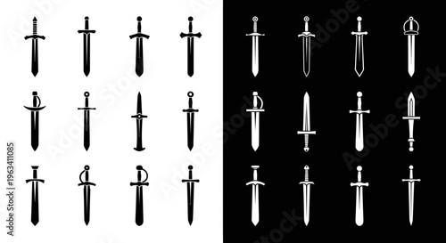 Set of Medieval Sword Icons and Knight Weapon Silhouettes