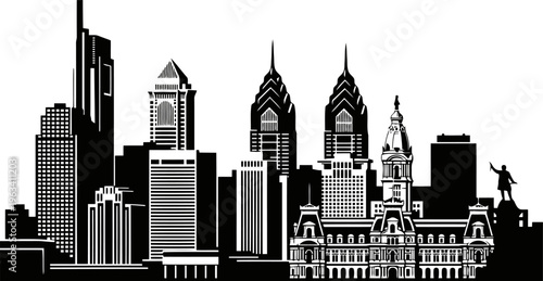Philadelphia skyline silhouette emphasizing unique tower tops and structure outlines.