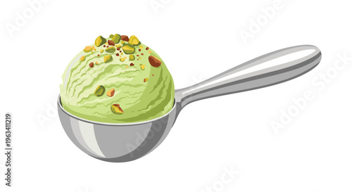 A silver ice cream scoop holds a scoop of light green pistachio ice cream topped with chopped nuts on a white background.