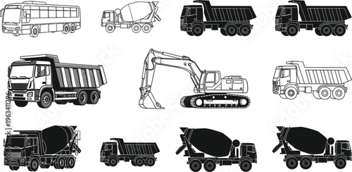 Construction Vehicle Icon Set Featuring Dump Trucks, Cement Mixers, Excavators, and Heavy Machinery for Websites, Apps, and Digital Media