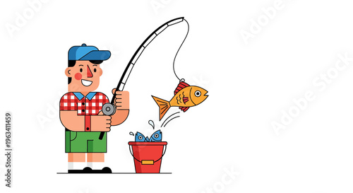 Fishing, cartoon character, man catching fish, vector illustration, recreational activity