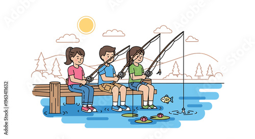 Fishing, Family, Outdoor Fun, Vector Illustration, People Fishing Together