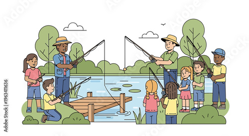 Fishing, people, outdoors, kids, adults, vector illustration, fishing scene, recreational activity, nature, park