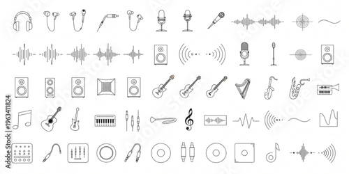 A collection of various audio and music icons is displayed on a screen.