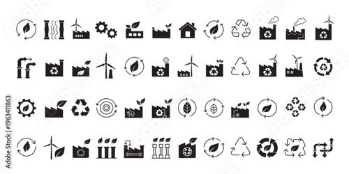 A collection of industrial and eco friendly icons on a white background showcases various objects.