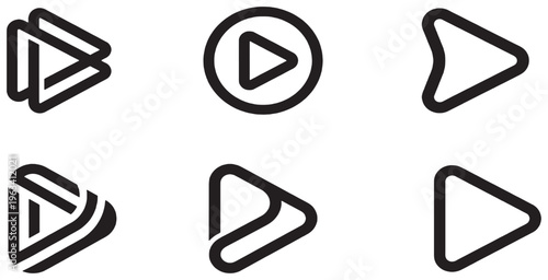 Collection of six modern and abstract play button icons for media and technology.