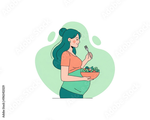 Happy Pregnant Woman Eating Fresh Vegetable Salad; Healthy Prenatal Nutrition and Maternity Diet Lifestyle Concept, Organic Food for Expectant Mothers, Modern Flat Vector Illustration