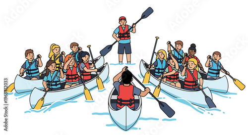 Canoeing, kayaking, team sports, water recreation, outdoor activities, colorful illustrations