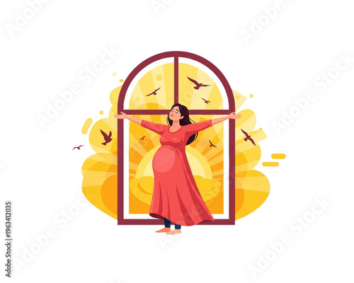 Joyful Pregnant Woman in Red Dress Embracing Golden Sunrise through Window with Flying Birds; Concept of New Life, Morning Hope, Maternity Vitality, and Spiritual Prenatal Wellness Illustration