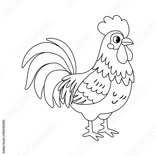 Farm rooster cockerel cartoon outline drawing for kids activity book vector coloring page