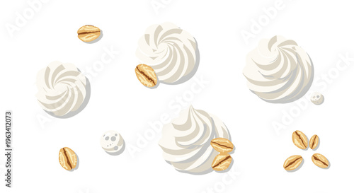 Five swirls of white cream are scattered on a white background, each garnished with oat flakes and small textured spheres.