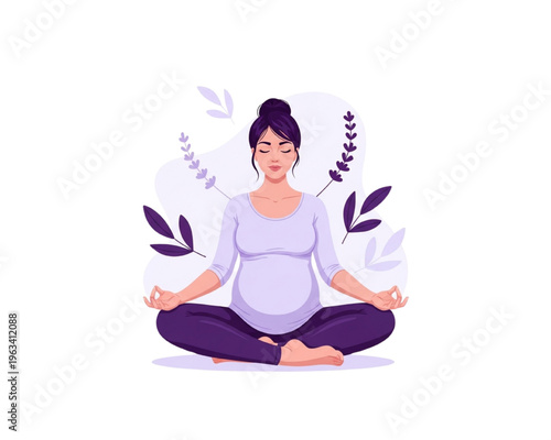 Serene Pregnant Woman in Lotus Pose Practicing Mindful Prenatal Yoga and Meditation; Lavender Botanical Illustration for Maternity Wellness, Holistic Pregnancy Care, and Mental Health Balance